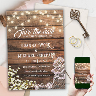 Rustic Barn Wood String Lights & Lace Country  Save The Date