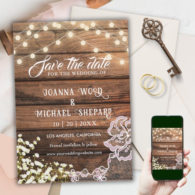 Rustic Barn Wood String Lights & Lace Country  Save The Date (Creator Uploaded)