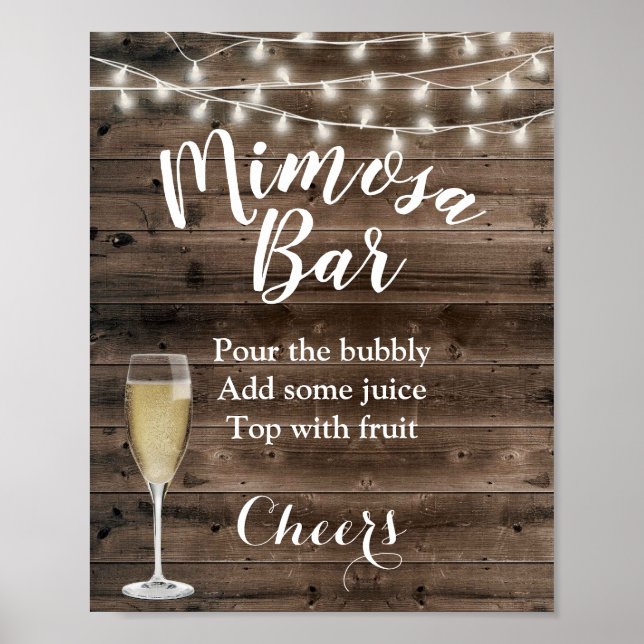 Rustic Barn Wood String Lights Mimosa Bar Sign (Front)
