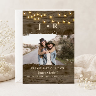 Rustic Barn Wood String Lights Photo Save the Date Invitation