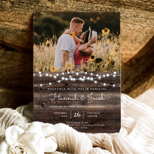 Rustic Barn Wood String Lights Photo Wedding Invitation