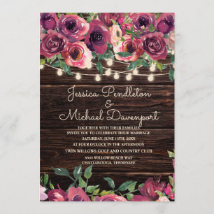 Rustic Barn Wood String Lights Purple Floral Invitation