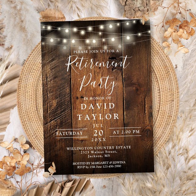 Rustic Barn Wood String Lights Retirement Party Invitation (Rustic Barn Wood String Lights Retirement Party Invitation)