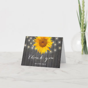 Rustic Barn Wood String Lights Sunflower Thank You Card