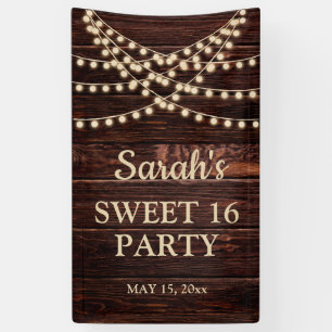 Rustic Barn Wood String Lights Sweet 16 Name Date Banner