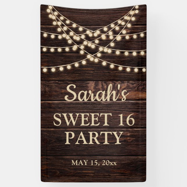Rustic Barn Wood String Lights Sweet 16 Name Date Banner (Vertical)