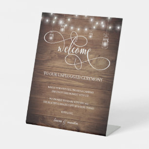 Rustic Barn Wood String Lights Unplugged Ceremony Pedestal Sign