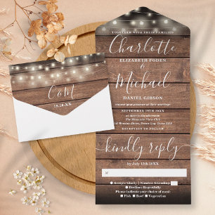 Rustic Barn Wood String Lights Wedding All In One Invitation