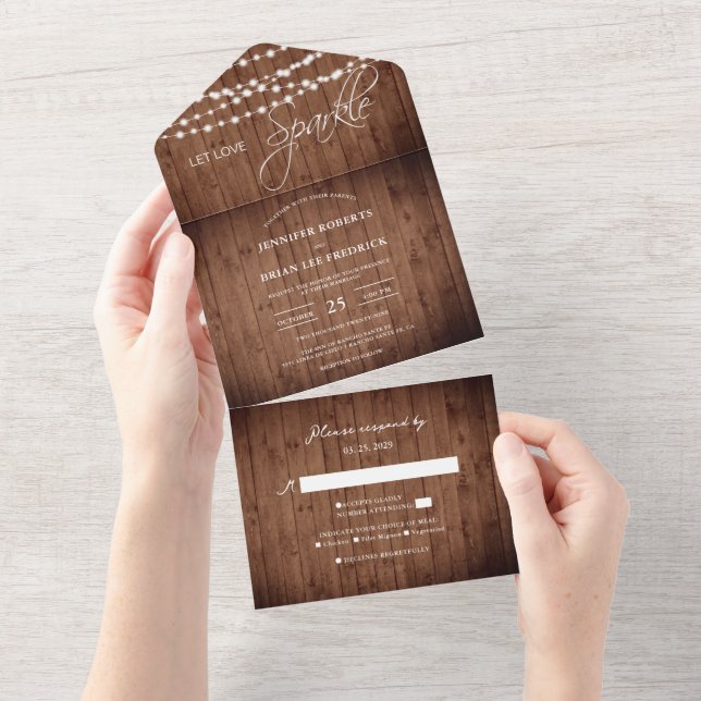 Rustic Barn Wood String Lights Wedding All In One Invitation (Tearaway)