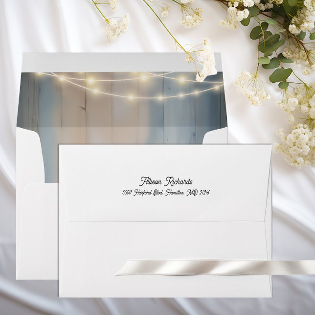 Rustic Barn Wood & String Lights Wedding Envelope (String of lights rustic wood self addressed envelope)