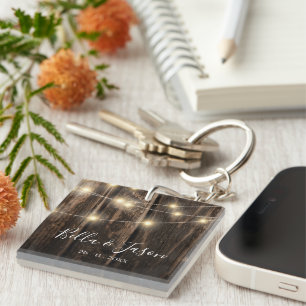 Rustic Barn Wood String Lights Wedding Favour Key Ring