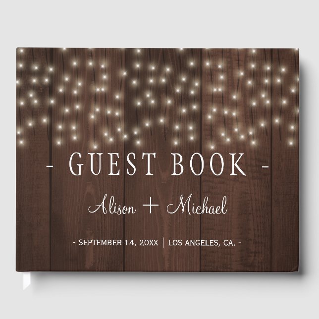 Rustic barn wood string lights wedding guest book (Front)