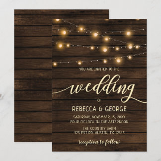 Rustic Barn Wood String lights Wedding invitations