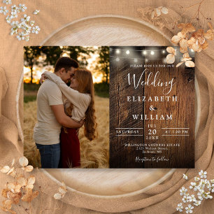 Rustic Barn Wood String Lights Wedding Photo Invitation