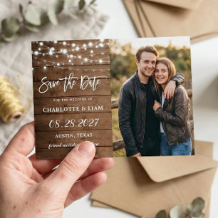 Rustic Barn Wood String Lights Wedding Photo Save The Date
