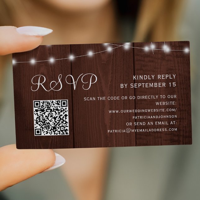 Rustic barn wood string lights wedding QR RSVP Enclosure Card (Creator Uploaded)