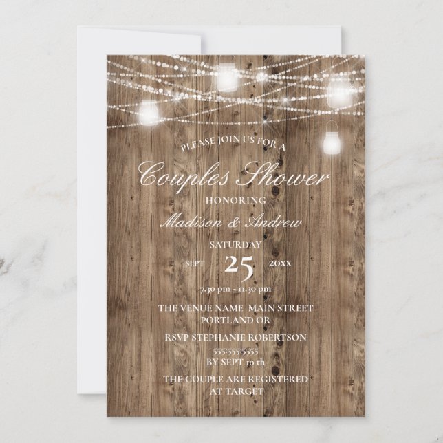 Rustic Barn Wood String of Lights Couples Shower Invitation (Front)