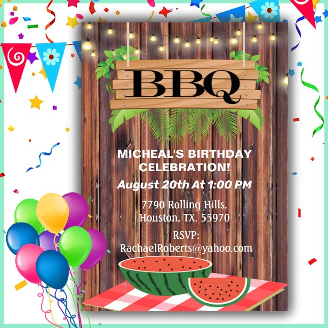 Rustic, Barn Wood, Stringlights, BBQ Birthday  Inv Invitation (Creator Uploaded)