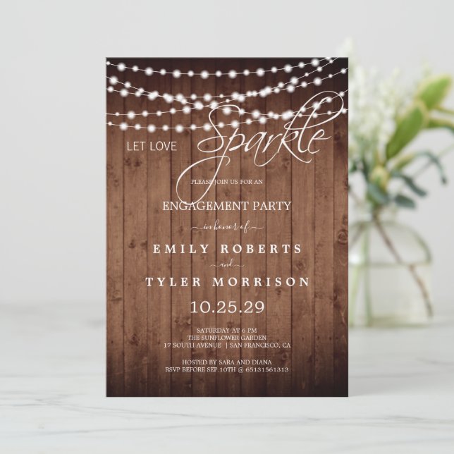 Rustic Barn Wood Strings Light Engagement Party   Invitation (Standing Front)