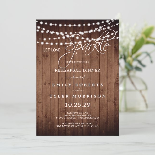 Rustic Barn Wood Strings Light Rehearsal Dinner Invitation (Standing Front)