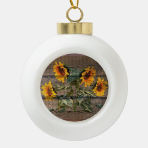 Rustic Barn Wood Sunflower Ceramic Ball Christmas Ornament