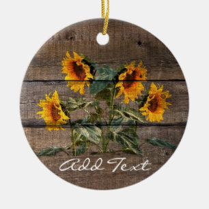 Rustic Barn Wood Sunflower Ceramic Ornament