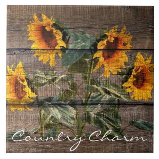 Rustic Barn Wood Sunflower Ceramic Tile (Front)