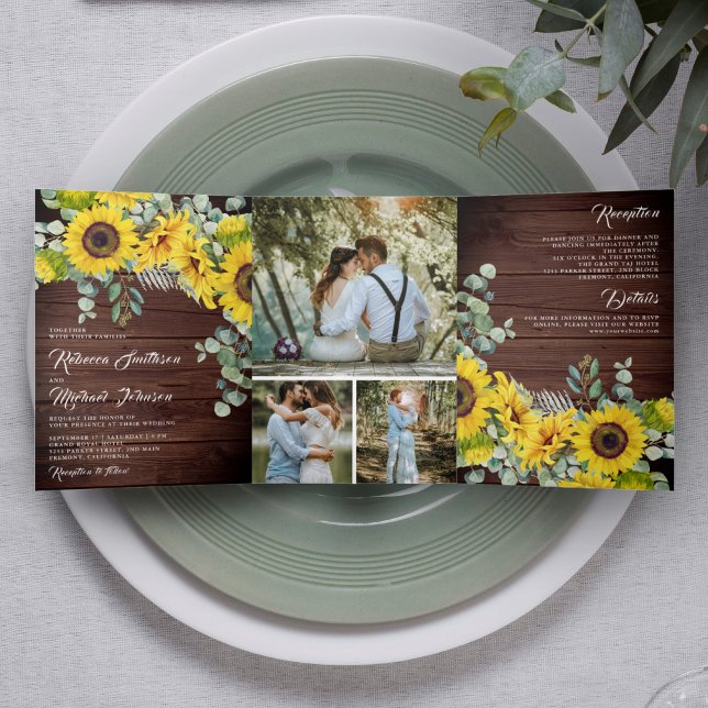 Rustic Barn Wood Sunflower Eucalyptus Wedding Tri-Fold Invitation (Creator Uploaded)
