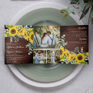 Rustic Barn Wood Sunflower Eucalyptus Wedding Tri-Fold Invitation