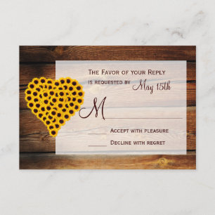Rustic Barn Wood Sunflower Heart Bouquet Wedding RSVP Card