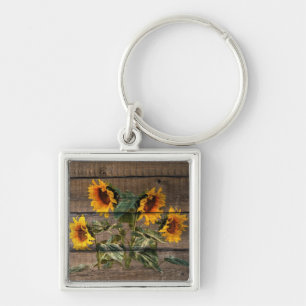 Rustic Barn Wood Sunflower Key Ring