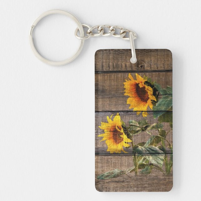 Rustic Barn Wood Sunflower Key Ring (Front)