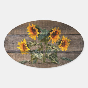 Rustic Barn Wood Sunflower Oval Sticker