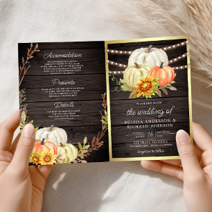 Rustic Barn Wood Sunflower Pumpkin QR Code Wedding Invitation