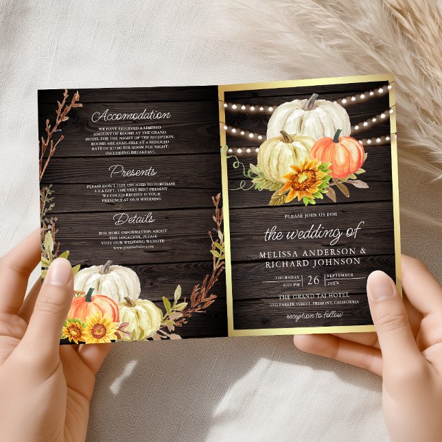 Rustic Barn Wood Sunflower Pumpkin QR Code Wedding Invitation (Creator Uploaded)