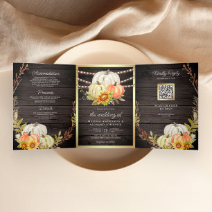 Rustic Barn Wood Sunflower Pumpkin QR Code Wedding Tri-Fold Invitation