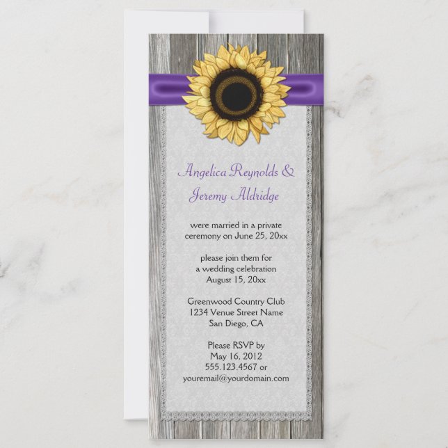Rustic Barn Wood Sunflower Purple Ribbon Lace Invitation (Front)