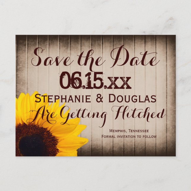 Rustic Barn Wood Sunflower Save the Date Postcards (Front)