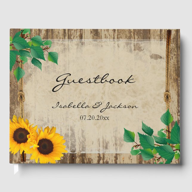 Rustic Barn Wood Sunflower Wedding Guest Book (Front)