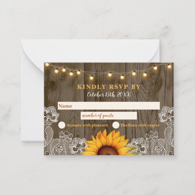 Rustic Barn Wood Sunflower Wedding RSVP Card (Front)