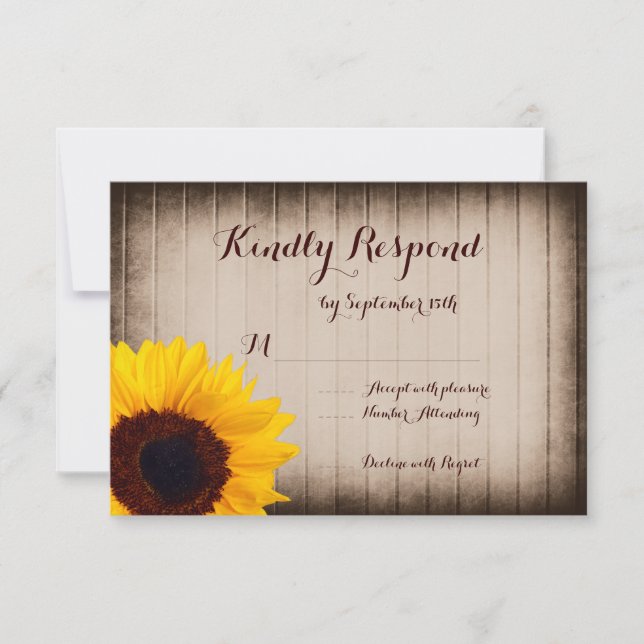Rustic Barn Wood Sunflower Wedding RSVP Cards (Front)