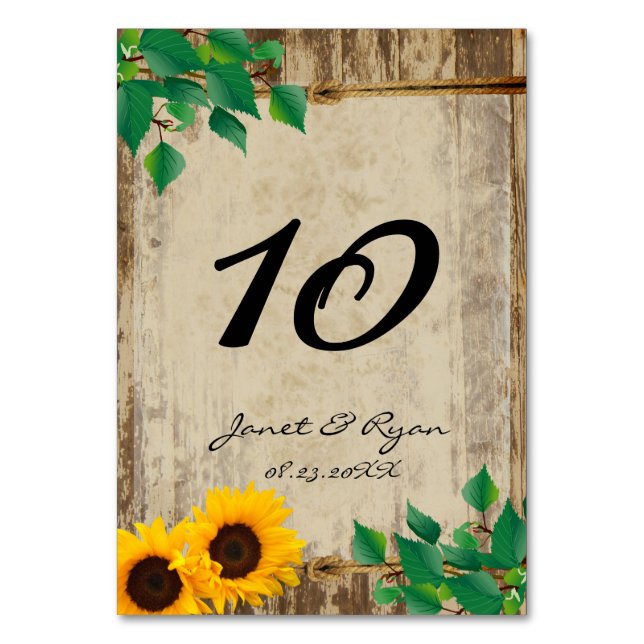 Rustic Barn Wood Sunflower Wedding Table Number (Front)