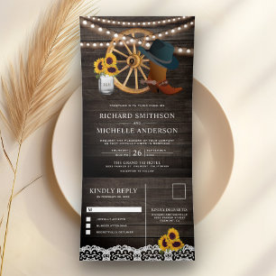 Rustic Barn Wood Sunflowers Cowboy Western Wedding Tri-Fold Invitation