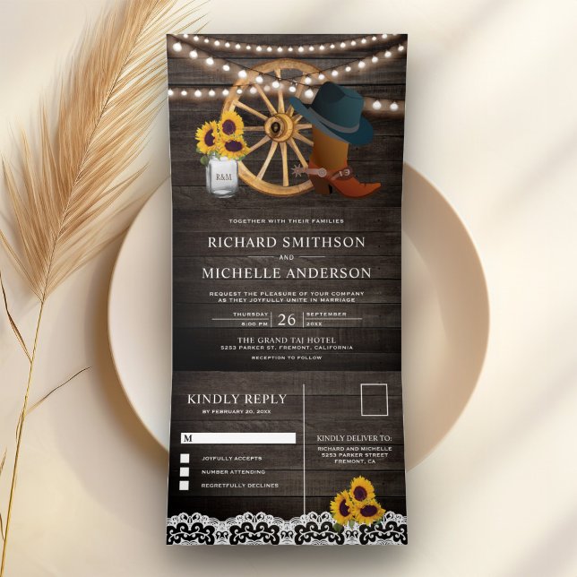Rustic Barn Wood Sunflowers Cowboy Western Wedding Tri-Fold Invitation (Creator Uploaded)