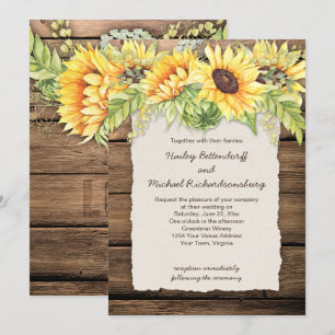 Rustic Barn Wood Sunflowers Deckle Edge Wedding Invitation
