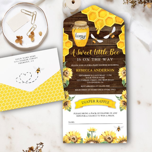 Rustic Barn Wood Sunflowers Honey Bee Baby Shower All In One Invitation (Creator Uploaded)