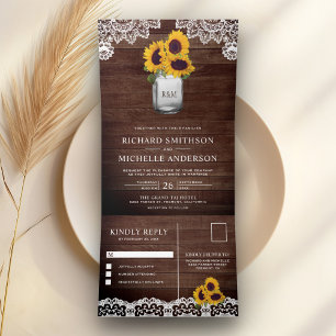 Rustic Barn Wood Sunflowers Mason Jar Lace Wedding Tri-Fold Invitation