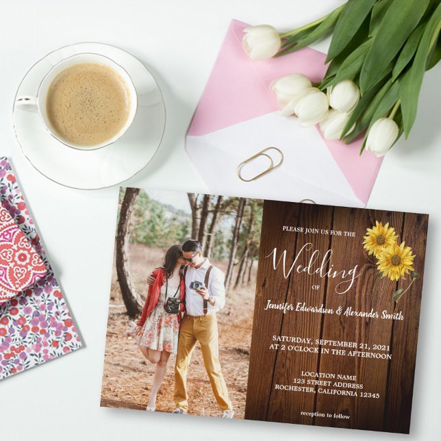 Rustic barn wood sunflowers photo country Wedding Invitation (Creator Uploaded)