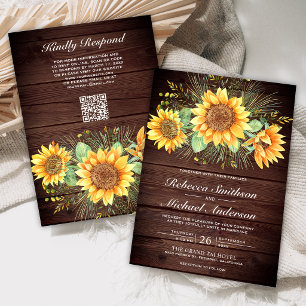 Rustic Barn Wood Sunflowers QR Code Wedding Invitation