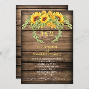 Rustic Barn Wood Sunflowers Wreath Antlers Wedding Invitation